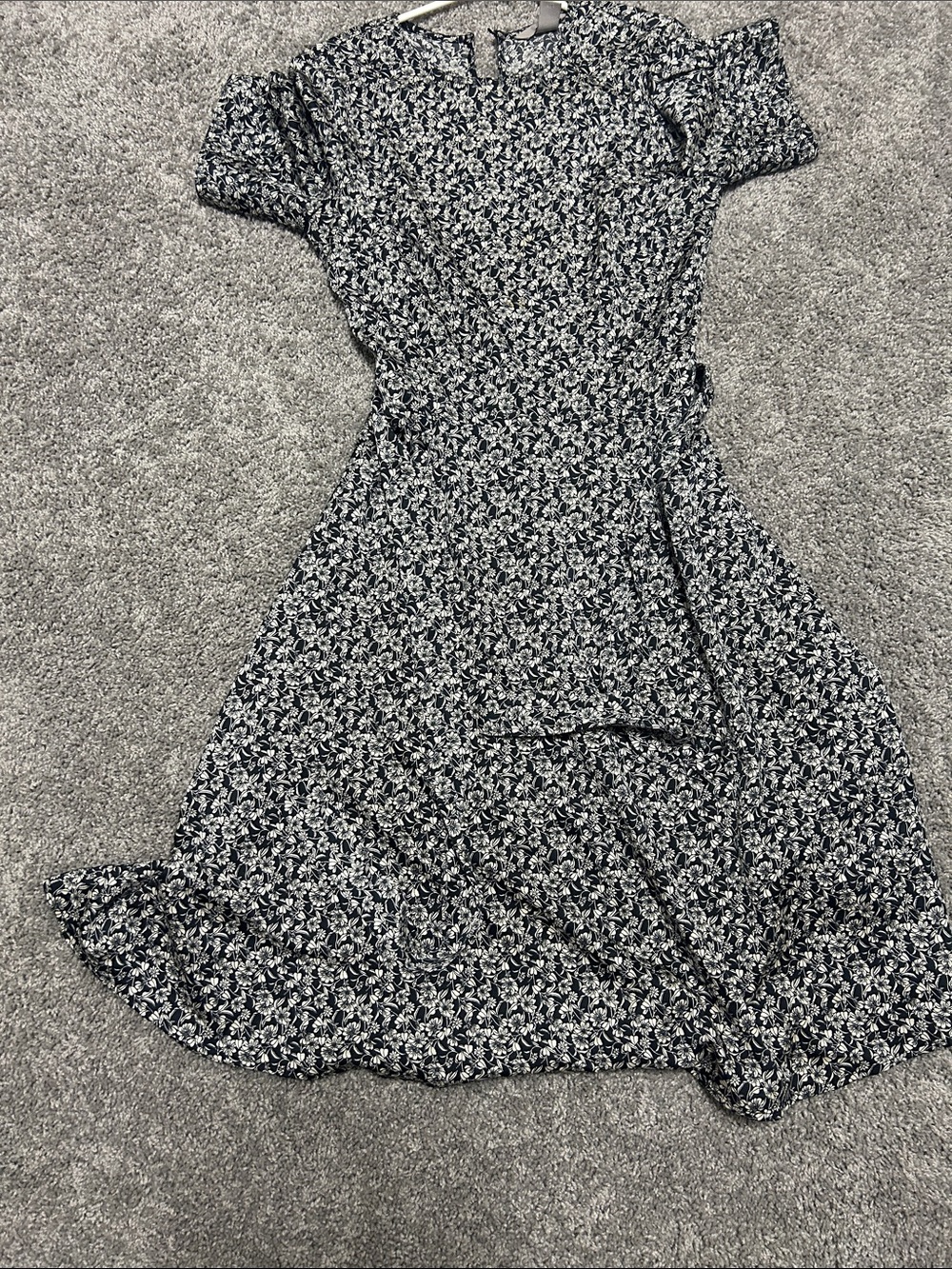 H&M Navy and White Floral Tie-Waist Midi Dress